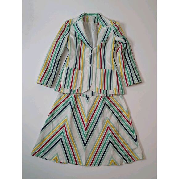 Vintage 70s Striped Skirt Blazer Suit White Size 12 - Picture 4 of 16